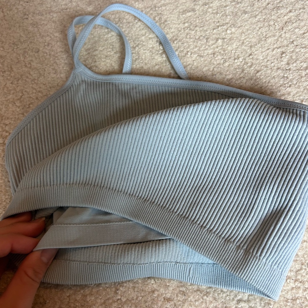 Light Blue Ribbed One-Shoulder Crop Top - Picture 4 of 5
